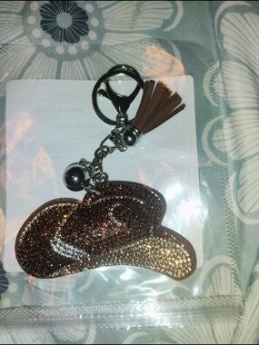 Sparkle Cowboy Hat Keychain with Tassel - Brown Glitter.